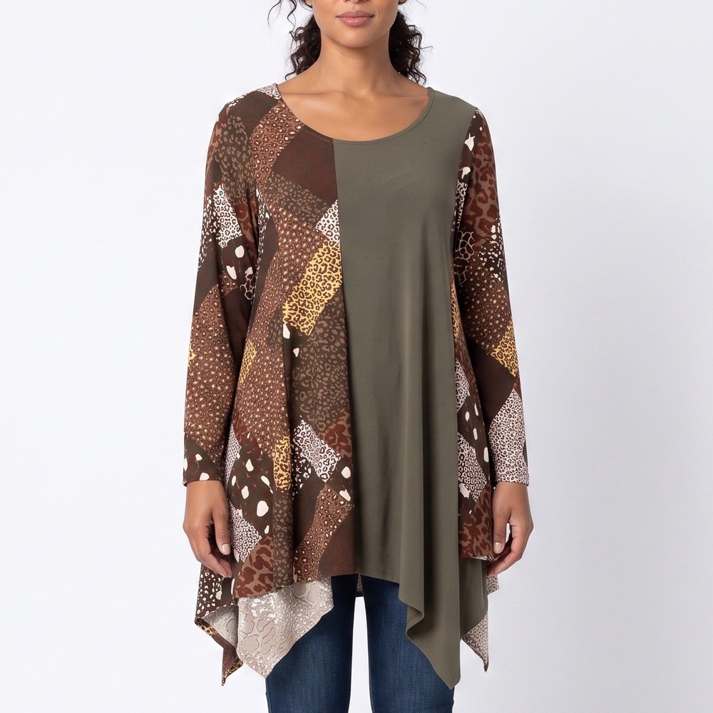 Attitudes by Renee Tunic Womens 1XP Animal Print Patchwork Brown Sharkbite